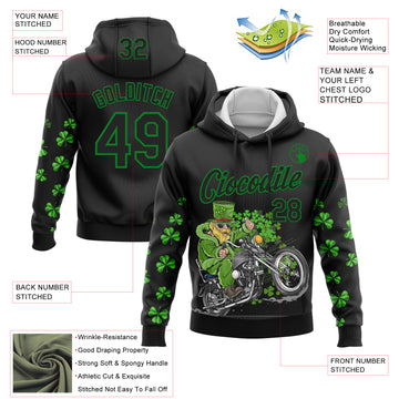 Custom Stitched Black Grass Green 3D Pattern Design St. Patrick's Day Motorcycle Motocross Racing Sports Pullover Sweatshirt Hoodie