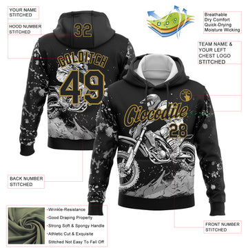 Custom Stitched Black Old Gold 3D Pattern Design Motorcycle Motocross Racing Sports Pullover Sweatshirt Hoodie
