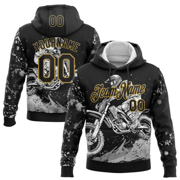 Custom Stitched Black Old Gold 3D Pattern Design Motorcycle Motocross Racing Sports Pullover Sweatshirt Hoodie