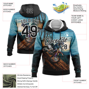 Custom Stitched Blue Black-White 3D Pattern Design Motorcycle Motocross Racing Sports Pullover Sweatshirt Hoodie
