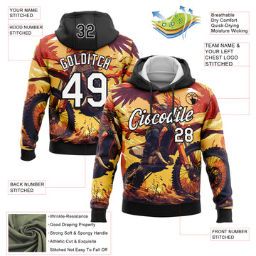 Custom Stitched Yellow White-Black 3D Pattern Design Motorcycle Motocross Racing Sports Pullover Sweatshirt Hoodie