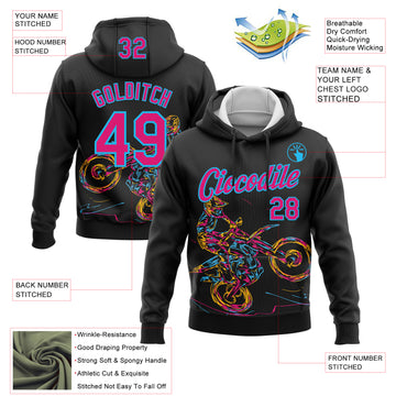 Custom Stitched Black Hot Pink-Sky Blue 3D Pattern Design Motorcycle Motocross Racing Sports Pullover Sweatshirt Hoodie