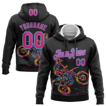 Custom Stitched Black Hot Pink-Sky Blue 3D Pattern Design Motorcycle Motocross Racing Sports Pullover Sweatshirt Hoodie