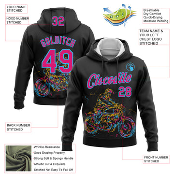 Custom Stitched Black Hot Pink-Sky Blue 3D Pattern Design Motorcycle Motocross Racing Sports Pullover Sweatshirt Hoodie