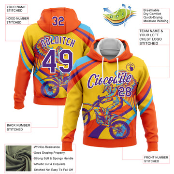 Custom Stitched Yellow Purple Orange-White 3D Pattern Design Motorcycle Motocross Racing Sports Pullover Sweatshirt Hoodie
