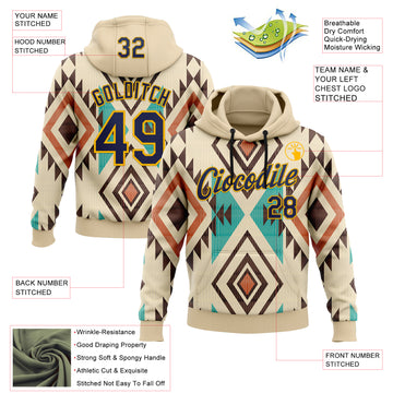 Custom Stitched City Cream Navy-Gold 3D Pattern Design Tribal Ethnic Native American Sports Pullover Sweatshirt Hoodie