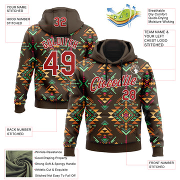 Custom Stitched Brown Red-White 3D Pattern Design Tribal Ethnic Native American Sports Pullover Sweatshirt Hoodie