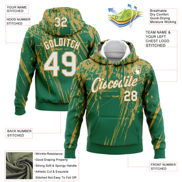 Custom Stitched Kelly Green White-Old Gold 3D Pattern Design Splash Grunge Art Sports Pullover Sweatshirt Hoodie