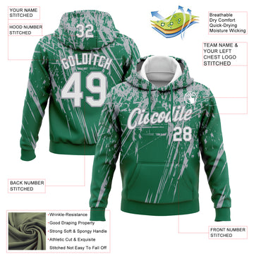 Custom Stitched Kelly Green White-Gray 3D Pattern Design Splash Grunge Art Sports Pullover Sweatshirt Hoodie
