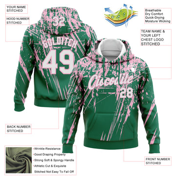 Custom Stitched Kelly Green White-Light Pink 3D Pattern Design Splash Grunge Art Sports Pullover Sweatshirt Hoodie