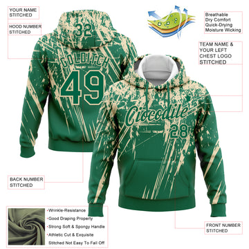 Custom Stitched Kelly Green Cream 3D Pattern Design Splash Grunge Art Sports Pullover Sweatshirt Hoodie