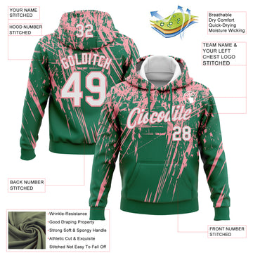 Custom Stitched Kelly Green White-Medium Pink 3D Pattern Design Splash Grunge Art Sports Pullover Sweatshirt Hoodie