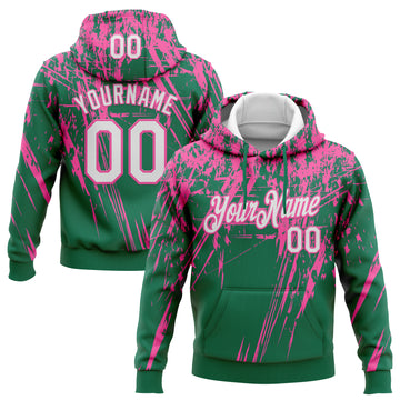 Custom Stitched Kelly Green White-Pink 3D Pattern Design Splash Grunge Art Sports Pullover Sweatshirt Hoodie