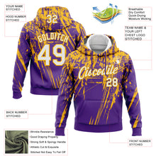 Load image into Gallery viewer, Custom Stitched Purple White-Gold 3D Pattern Design Splash Grunge Art Sports Pullover Sweatshirt Hoodie