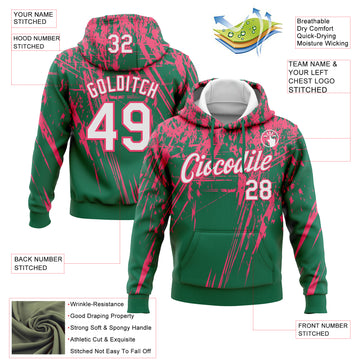 Custom Stitched Kelly Green White-Neon Pink 3D Pattern Design Splash Grunge Art Sports Pullover Sweatshirt Hoodie