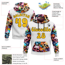 Load image into Gallery viewer, Custom White Yellow-Black 3D Skull Chromatic Floral Sports Pullover Sweatshirt Hoodie