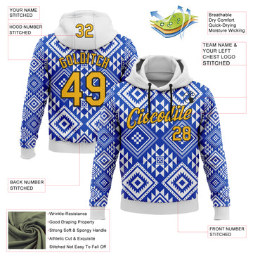 Custom Stitched White Gold Blue-Black 3D Mexico Aztec Pattern Sports Pullover Sweatshirt Hoodie