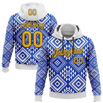 Custom Stitched White Gold Blue-Black 3D Mexico Aztec Pattern Sports Pullover Sweatshirt Hoodie