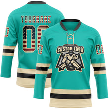 Загрузить изображение в средство просмотра галереи, Custom Aqua Vintage USA Flag Cream-Black Hockey Lace Neck Jersey