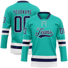 Загрузить изображение в средство просмотра галереи, Custom Aqua Navy-White Hockey Lace Neck Jersey