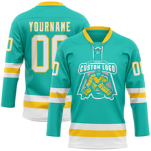 Загрузить изображение в средство просмотра галереи, Custom Aqua White-Yellow Hockey Lace Neck Jersey