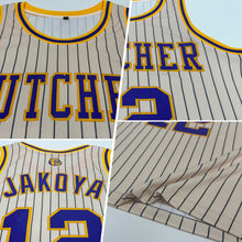 Загрузить изображение в средство просмотра галереи, Custom Cream Black Pinstripe Purple-Gold Authentic Basketball Jersey