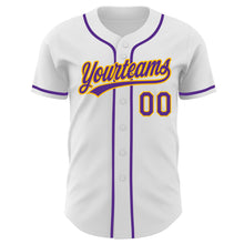 Load image into Gallery viewer, Custom White Purple-Gold Authentic Baseball Jersey