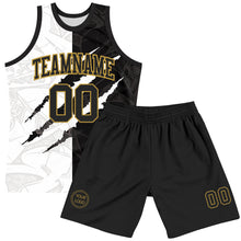 Load image into Gallery viewer, Custom Graffiti Pattern Black Old Gold-White Scratch Round Neck Sublimation Basketball Suit Jersey