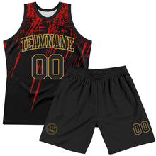 Load image into Gallery viewer, Custom Black Red-Old Gold Splash Round Neck Sublimation Basketball Suit Jersey
