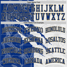 Загрузить изображение в средство просмотра галереи, Custom Graffiti Pattern Royal White-Old Gold Scratch Round Neck Sublimation Basketball Suit Jersey