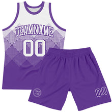 Load image into Gallery viewer, Custom White Purple Gradient Square Shapes Round Neck Sublimation Basketball Suit Jersey