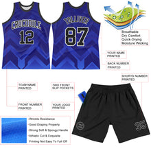 Load image into Gallery viewer, Custom Dark Purple Black Royal-White Geometric Shape Round Neck Sublimation Basketball Suit Jersey