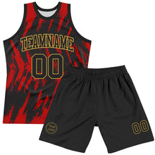 Load image into Gallery viewer, Custom Black Red-Old Gold Splash Round Neck Sublimation Basketball Suit Jersey