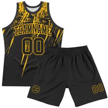 Charger l'image dans la galerie, Custom Black Gold Splash Round Neck Sublimation Basketball Suit Jersey