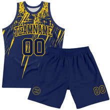 Laden Sie das Bild in den Galerie-Viewer, Custom Navy Yellow Splash Round Neck Sublimation Basketball Suit Jersey