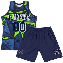 Laden Sie das Bild in den Galerie-Viewer, Custom Navy Neon Green-White Geometric Shape Round Neck Sublimation Basketball Suit Jersey