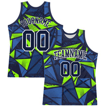 Laden Sie das Bild in den Galerie-Viewer, Custom Navy Neon Green-White Geometric Shape Round Neck Sublimation Basketball Suit Jersey