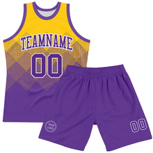 Load image into Gallery viewer, Custom Yellow Purple-White Gradient Square Shapes Round Neck Sublimation Basketball Suit Jersey