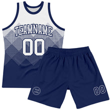 Load image into Gallery viewer, Custom White Navy Gradient Square Shapes Round Neck Sublimation Basketball Suit Jersey