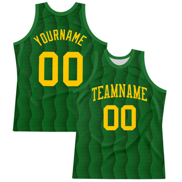 Custom Kelly Green Yellow Geometric Shape Round Neck Sublimation Basketball Suit Jersey
