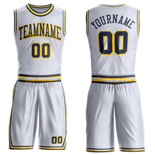 Load image into Gallery viewer, Custom White Navy-Gold Round Neck Suit Basketball Jersey