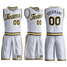 Load image into Gallery viewer, Custom White Navy-Gold Round Neck Suit Basketball Jersey