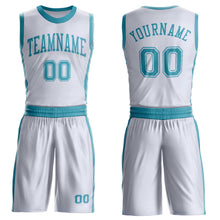 Laden Sie das Bild in den Galerie-Viewer, Custom White Teal Round Neck Suit Basketball Jersey