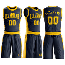 Load image into Gallery viewer, Custom Navy Gold Round Neck Suit Basketball Jersey