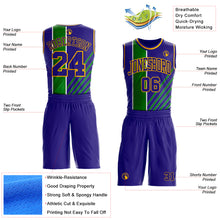 Загрузить изображение в средство просмотра галереи, Custom Dark Purple Grass Green White-Gold Geometric Stripe Round Neck Sublimation Basketball Suit Jersey