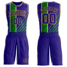 Загрузить изображение в средство просмотра галереи, Custom Dark Purple Grass Green White-Gold Geometric Stripe Round Neck Sublimation Basketball Suit Jersey