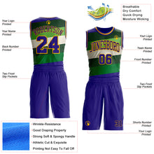 Laden Sie das Bild in den Galerie-Viewer, Custom Dark Purple Green-Gold Geometric Stripe Round Neck Sublimation Basketball Suit Jersey