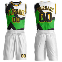 Laden Sie das Bild in den Galerie-Viewer, Custom White Black Green-Gold Triangle Geometric Stripe Round Neck Sublimation Basketball Suit Jersey