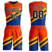 Load image into Gallery viewer, Custom Orange Black Gold Royal-White Geometric Stripe Round Neck Sublimation Basketball Suit Jersey