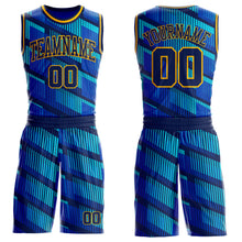 Charger l'image dans la galerie, Custom Thunder Blue Navy Lakes Blue-Gold Geometric Stripe Round Neck Sublimation Basketball Suit Jersey